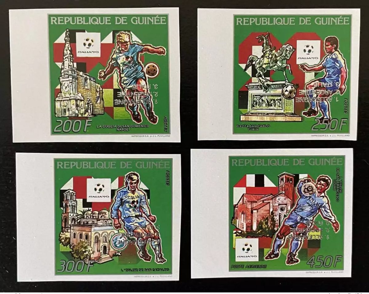 Guinea 1990/ 1993 IMPERF INVERTED silver overprint Mi. 1403-1406b Soccer