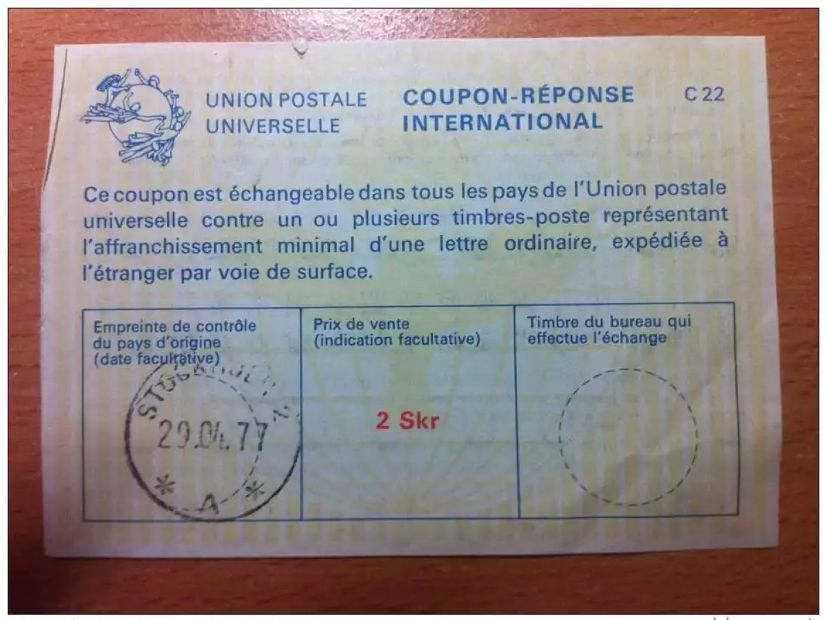 Suède 2 Skr 29.04.1977 UPU Union Postale COUPON-REPONSE INTERNATIONAL C22 C 22