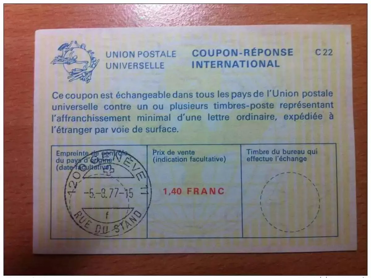 Switzerland 1.40 FRANC 05/08/1977 UPU Postal Union INTERNATIONAL COUPON-ANSWER