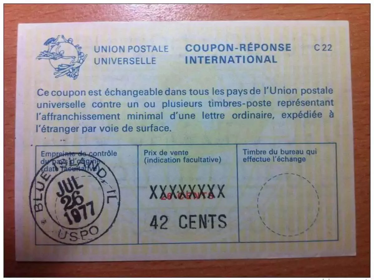 USA 42 Cent auf 26 Cent 26/07/1977 UPU Internationaler Antwortschein C22