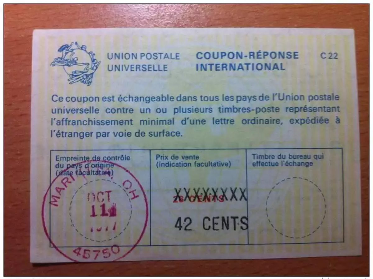 USA 42 cents sur 26 cents 11/10/1977 UPU COUPON-REPONSE INTERNATIONAL C22 C 22