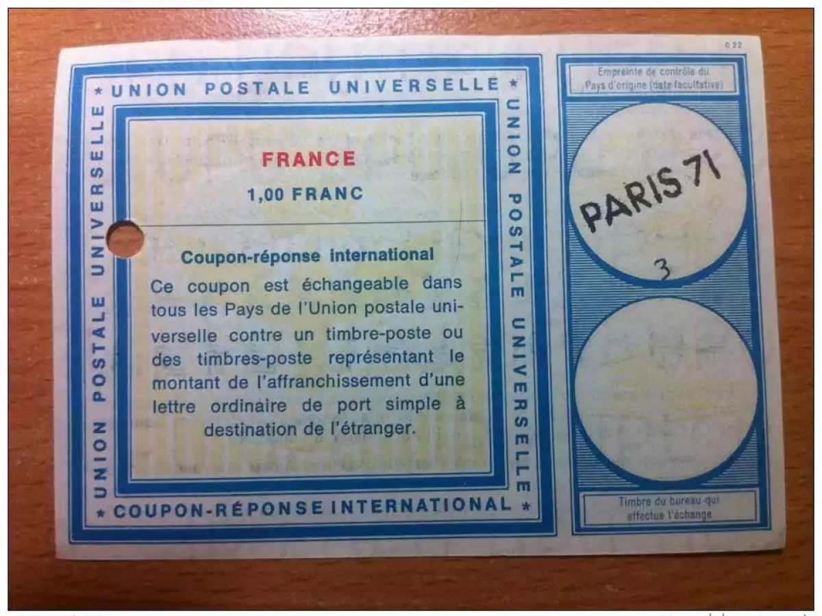 France Paris 71 UPU Postal Union COUPON-ANSWER INTERNATIONAL C22 C 22
