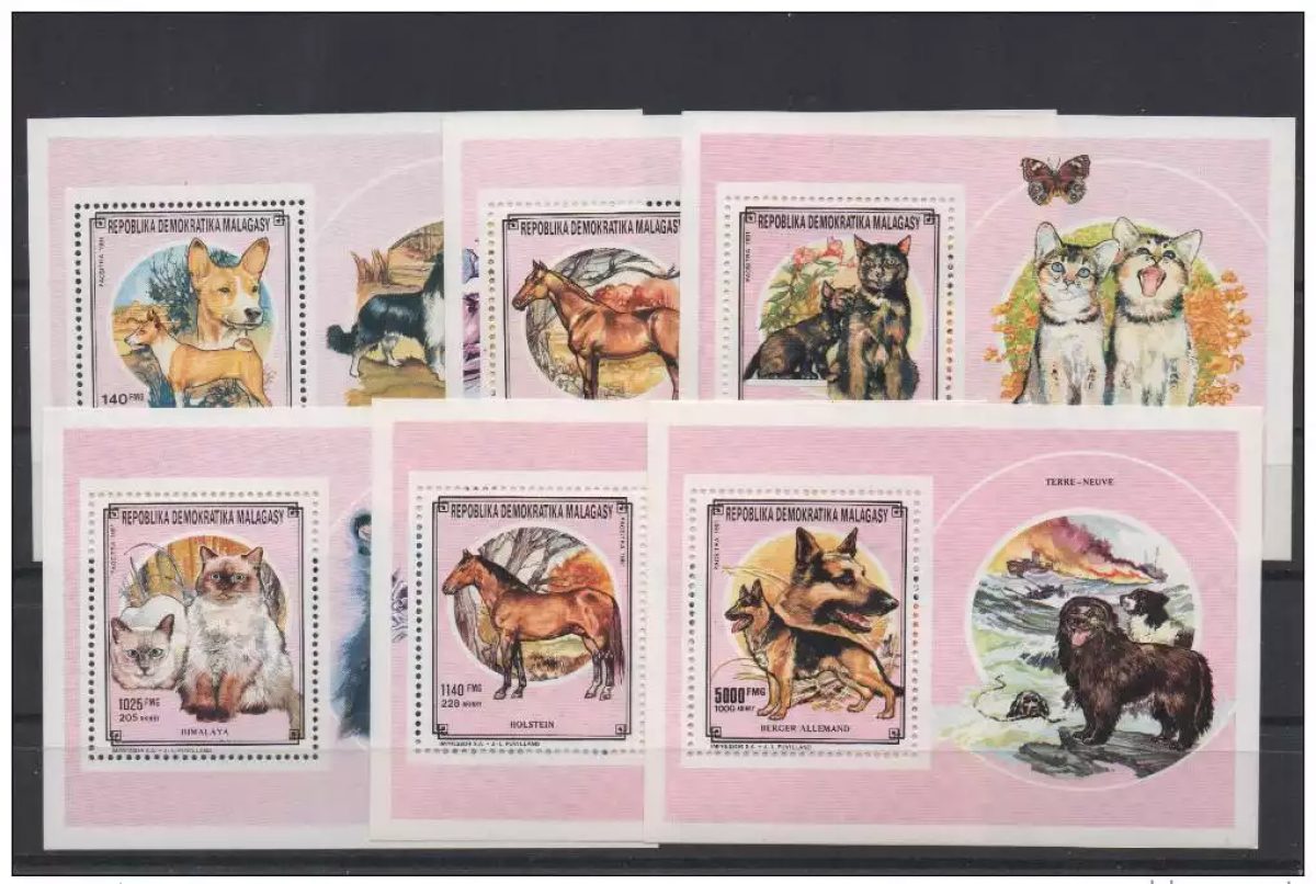Madagaskar 1991 Haustiere Hund Katze Pferd Mi. Bl. 167-172