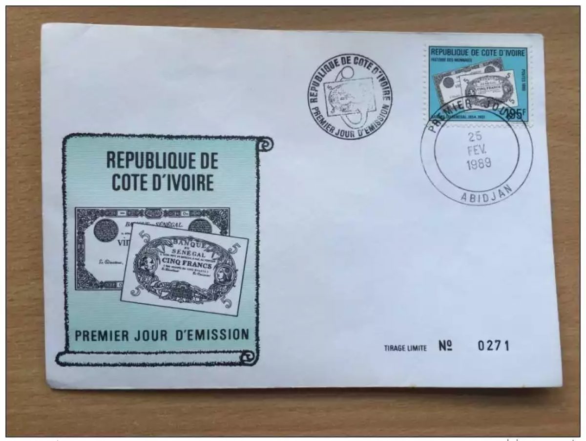 Elfenbeinküste 1989 FDC Geschichte des Geldes Mi. 988