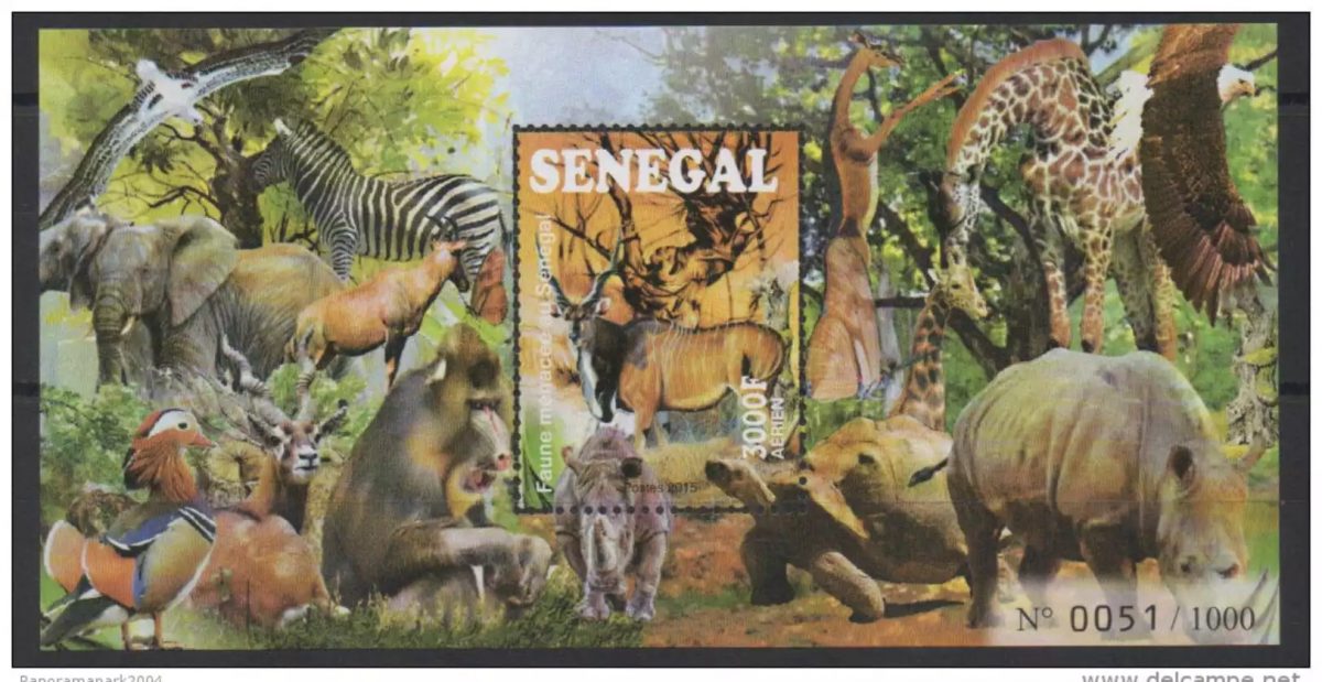 Senegal 2015 Bloc Mi. Bl. 109 Endangered fauna Birds Vögel elephants giraffe