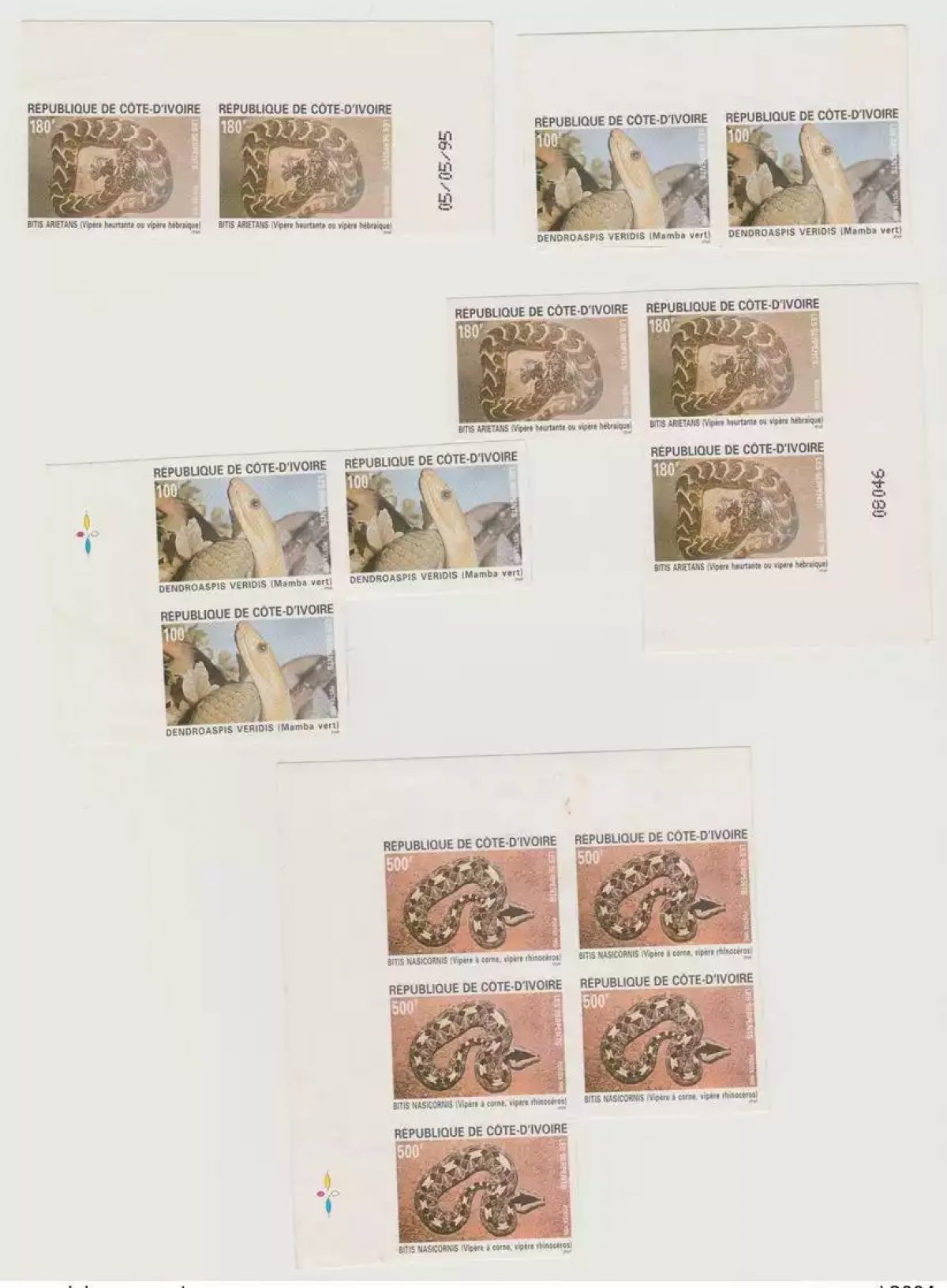Elfenbeinküste 1995 UNGEZÄHNT Reptilien Schlangen RARE!