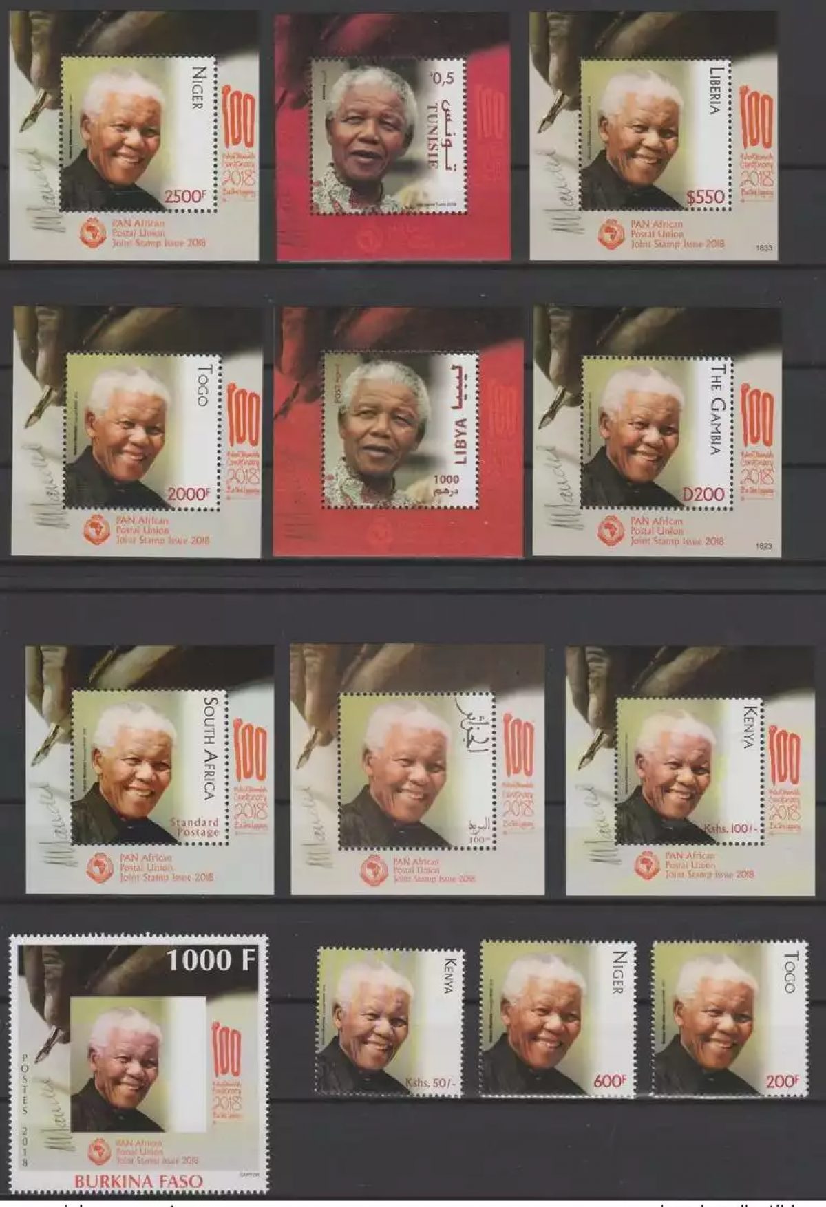 10 pays 2018 Emission commune  PAN African Postal Union Nelson Mandela 100 Ans