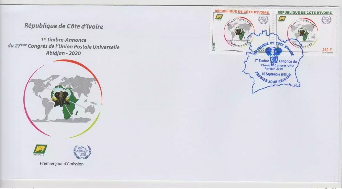Elfenbeinküste 2018 FDC 27. UPU-Kongress Abidjan 2020 Elefant 2 Werte
