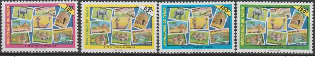 Chad 1993 Mi. 1243 - 1246 Tourist sites Wildlife Elephant Camel Birds