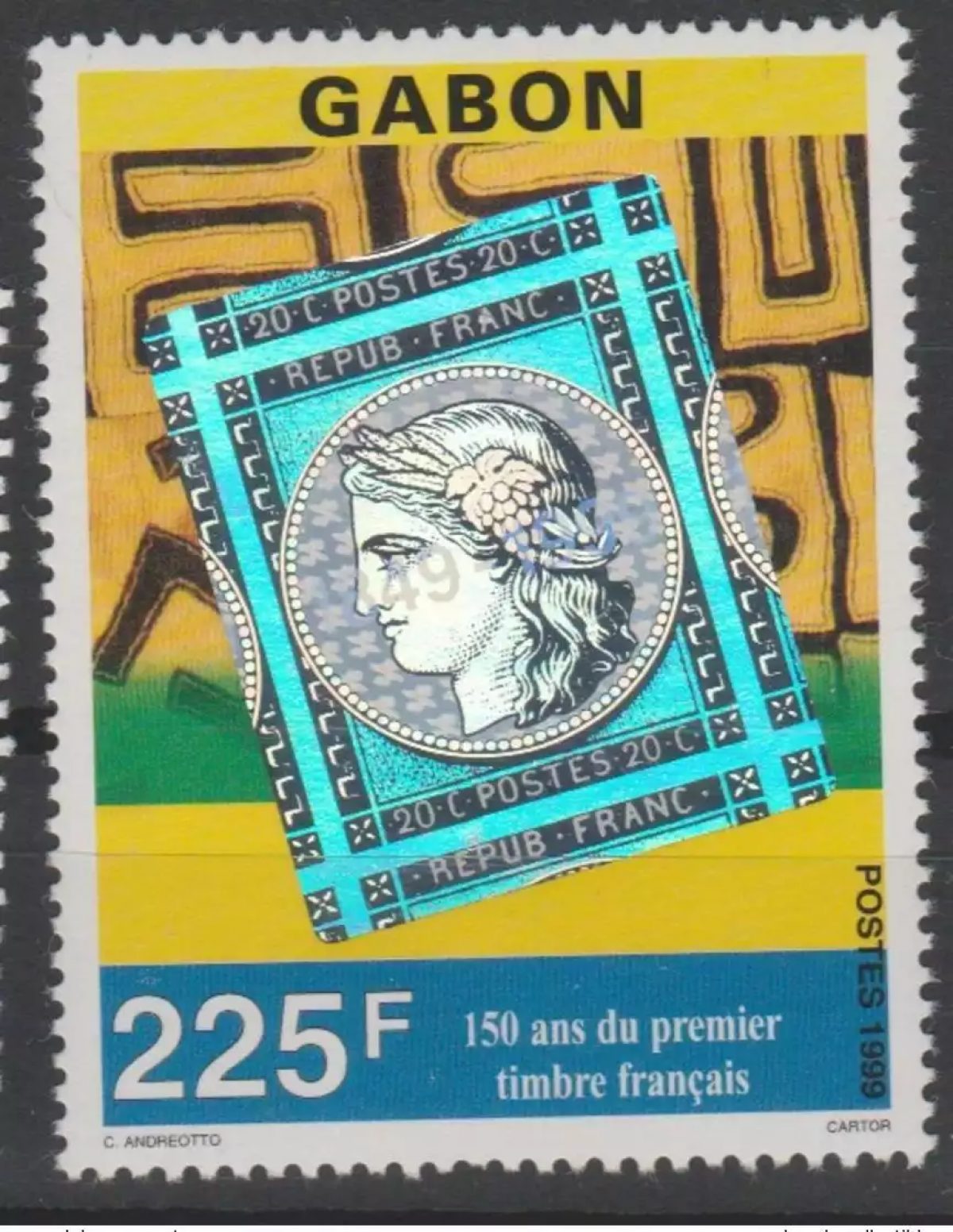 Gabon 1999 Mi. 1470 150 ans 1er timbre français Hologramme Philexfrance RARE !