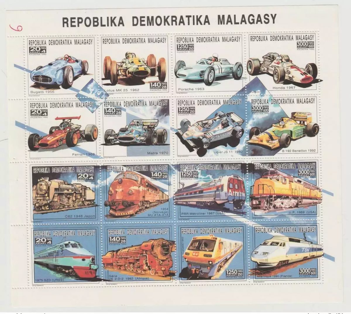 Madagascar 1990 / 1993 Mi. 1446 - 1461 Autos Bugatti Porsche Honda Ferrari Matra