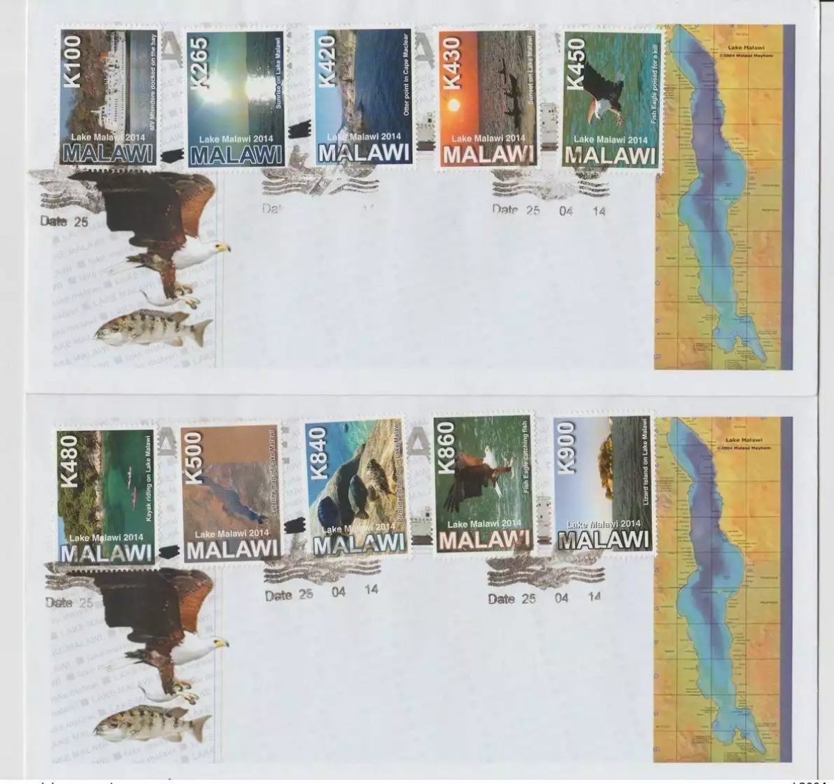 Malawi 2014 Lac Malawi Faune Rapaces Oiseaux  Poissons pêche FDC