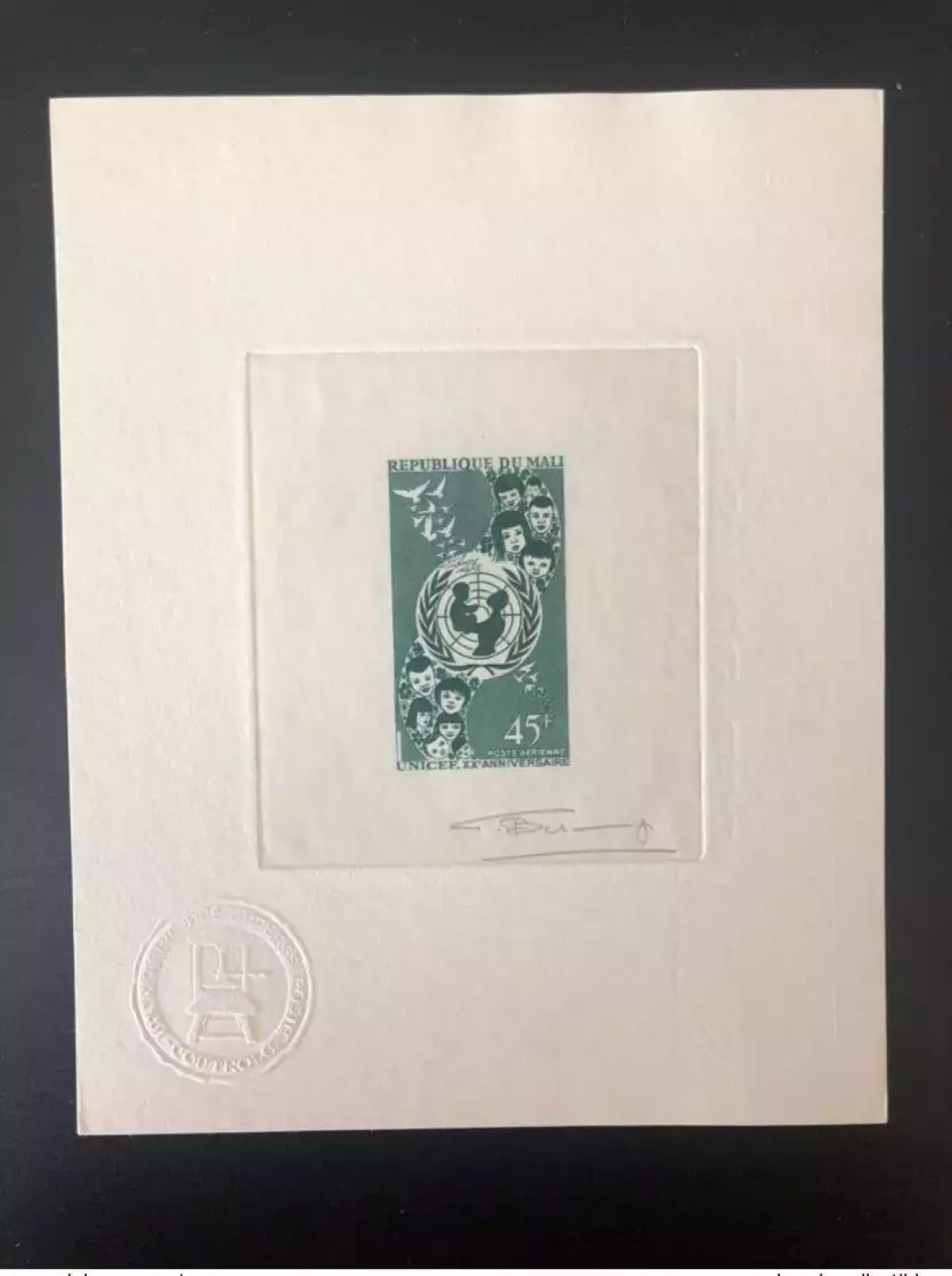 Mali 1971 Mi. 278 Epreuve d'artiste UNICEF XXe anniversaire Dove colombe