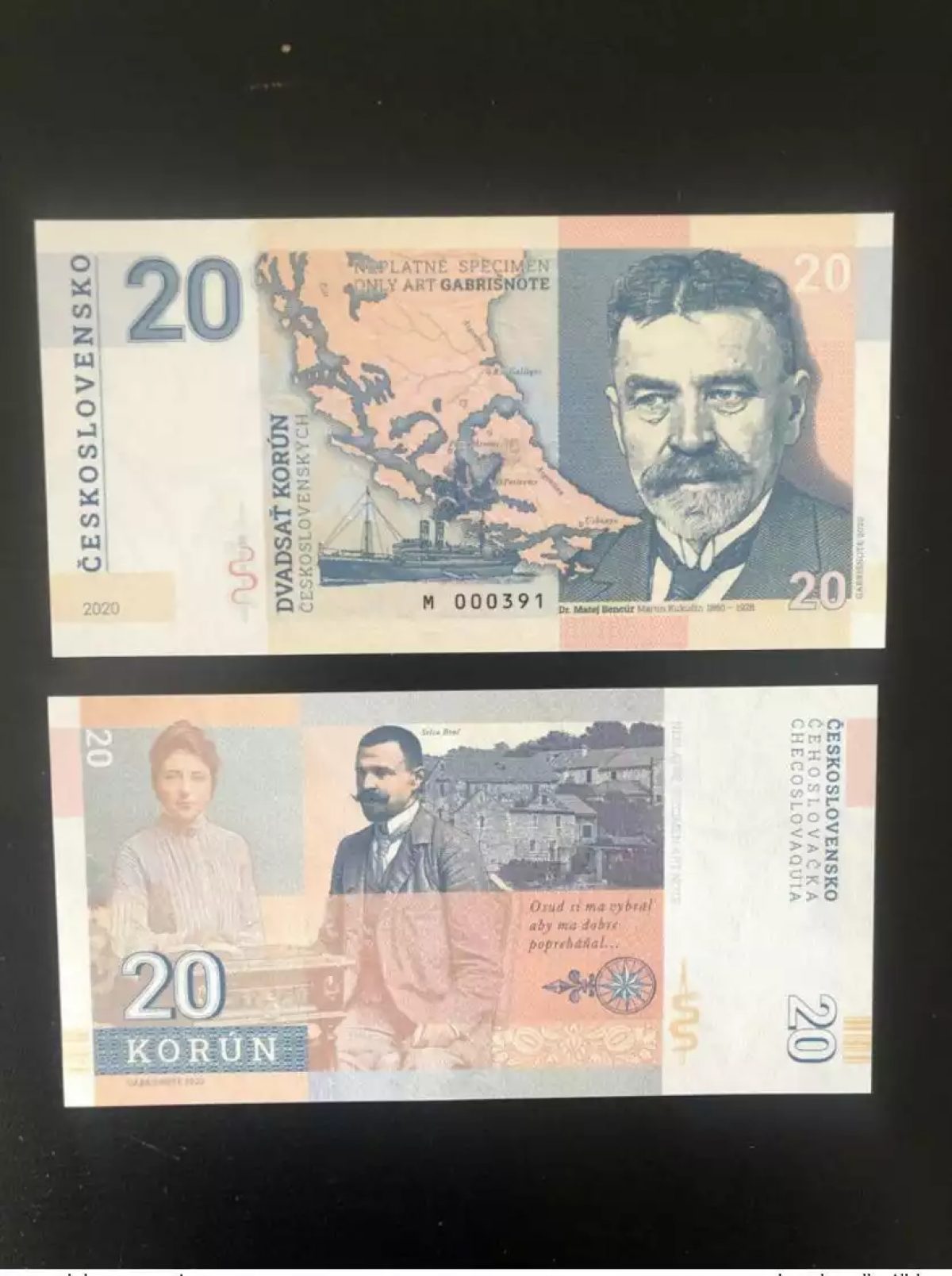 2020 Matej Gabris 20 Korun Czechoslovakia Martin Kukucin Selca  UNC ESSAY limité