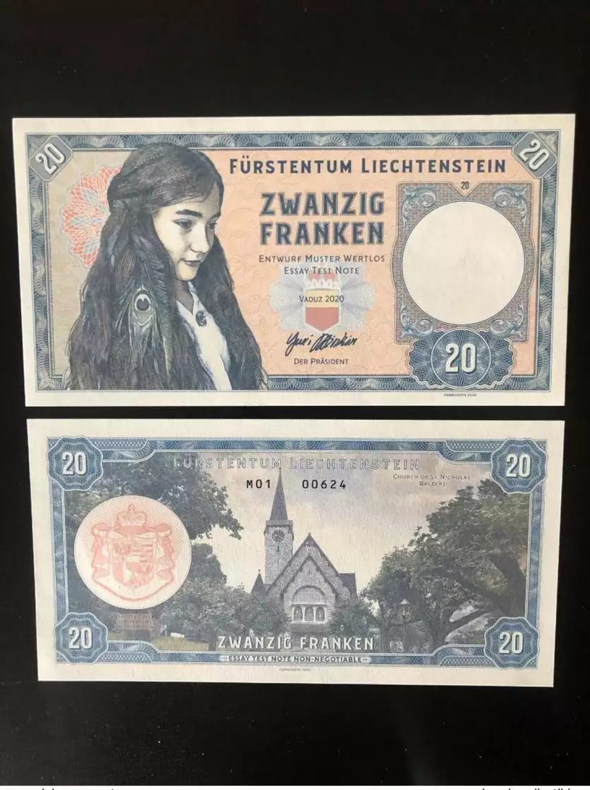 2020 Matej Gabris 20 Franken Liechtenstein Vaduz Série M UNC ESSAY Limité