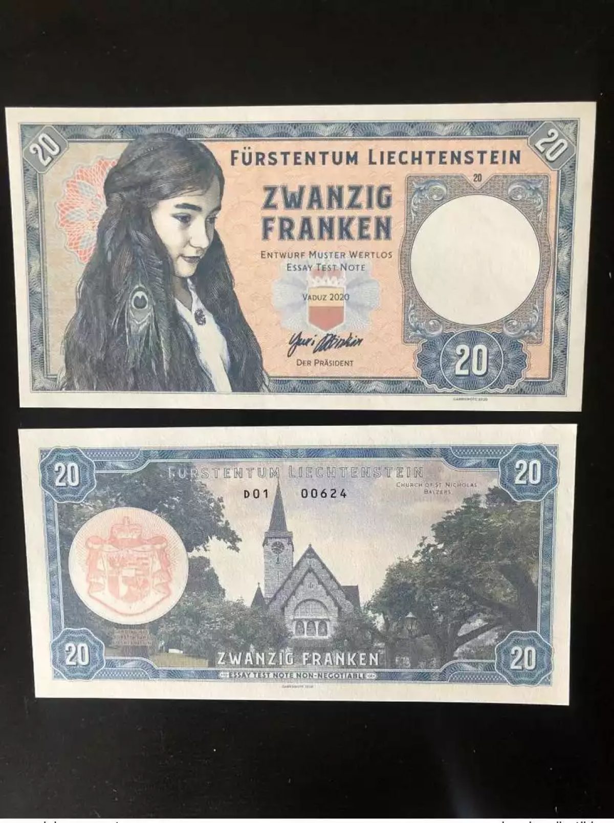 2020 Matej Gabris 20 Franken Liechtenstein Vaduz Series D UNC ESSAY Limited