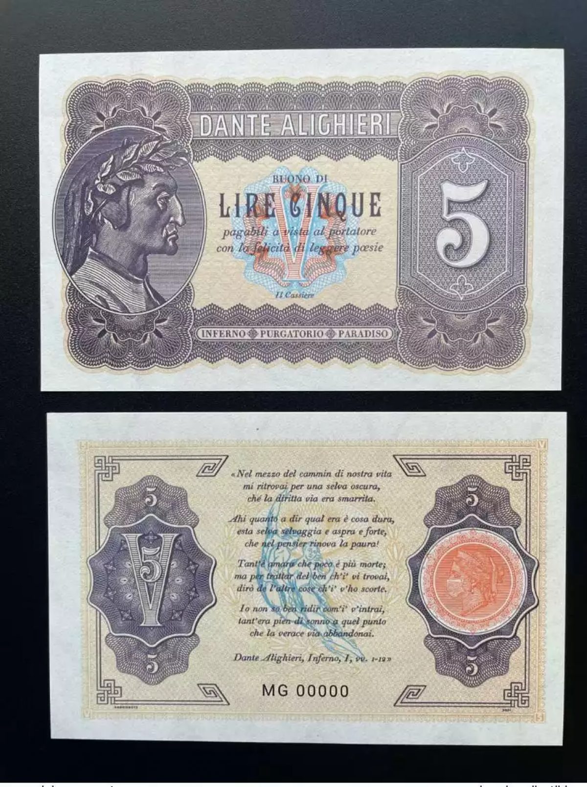 2021 Matej Gabris 5 Lire Italia Dante Alighieri MG 00000 UNC SPECIMEN ESSAY