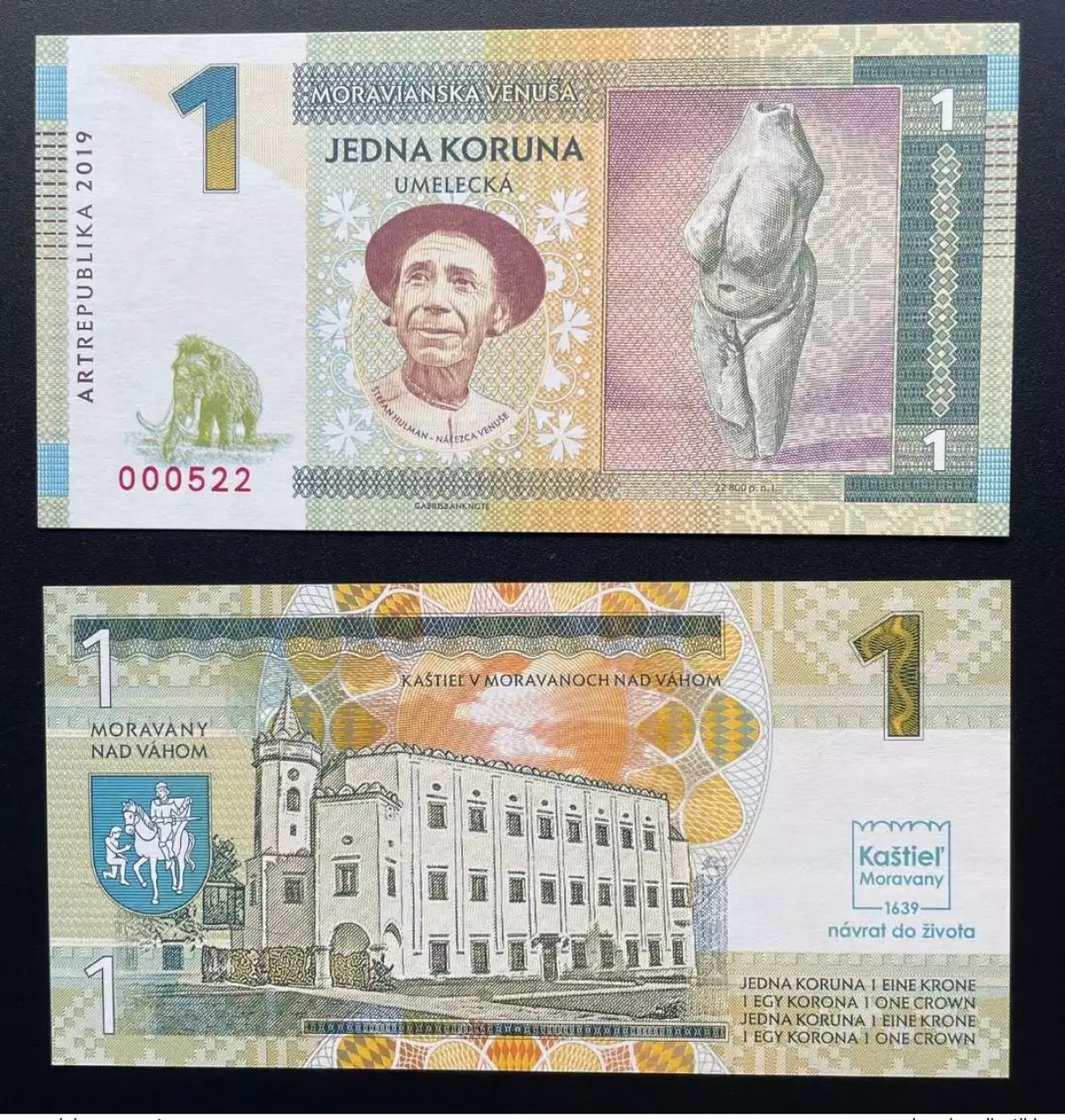 2019 Matej Gabris 1 Korun Moravianska Venusa Kastiel Moravany UNC SPECIMEN ESSAY
