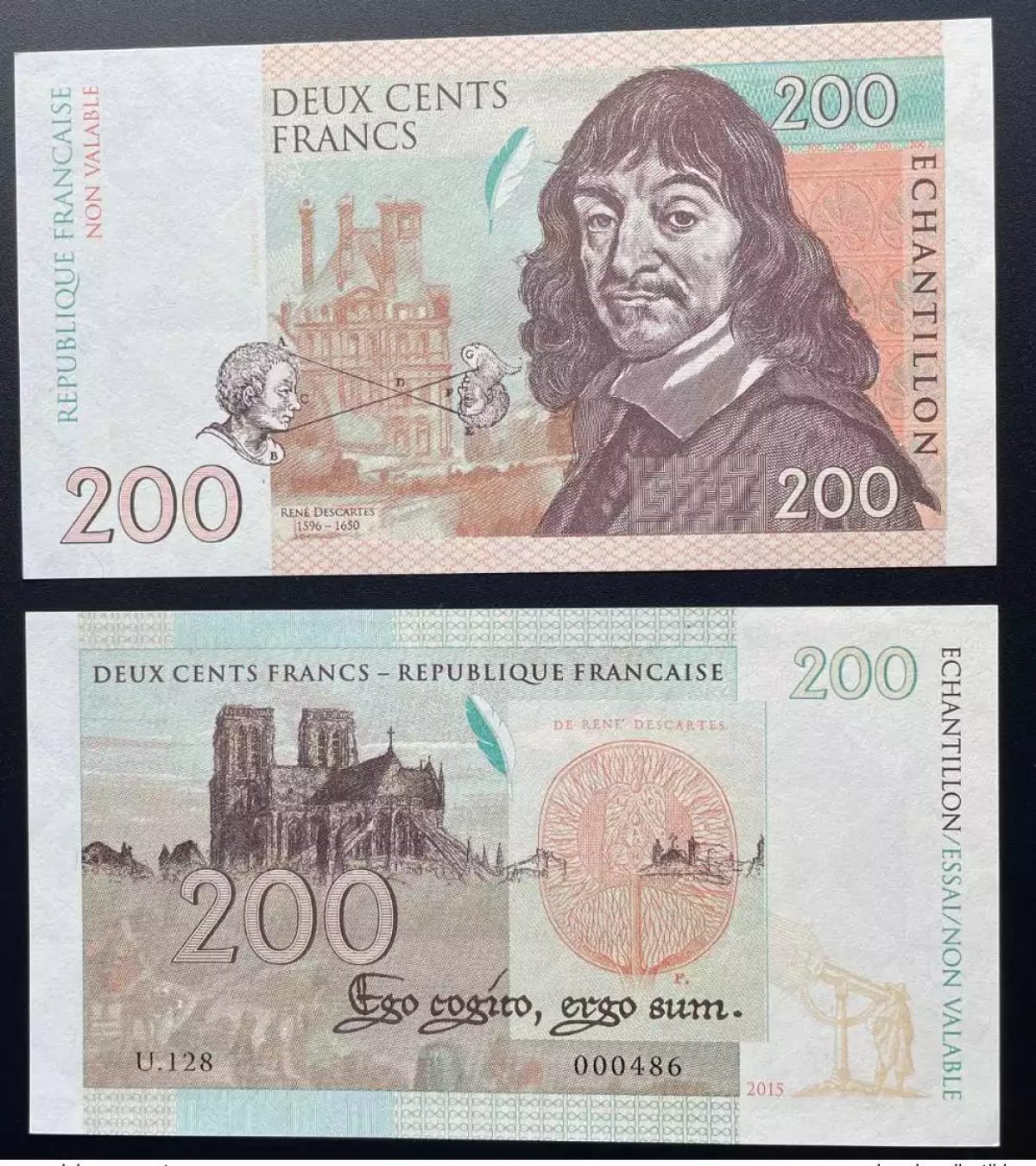 2015 Matej Gabris 200 Francs 'U.128' René Descartes Paris UNC SPECIMEN ESSAY