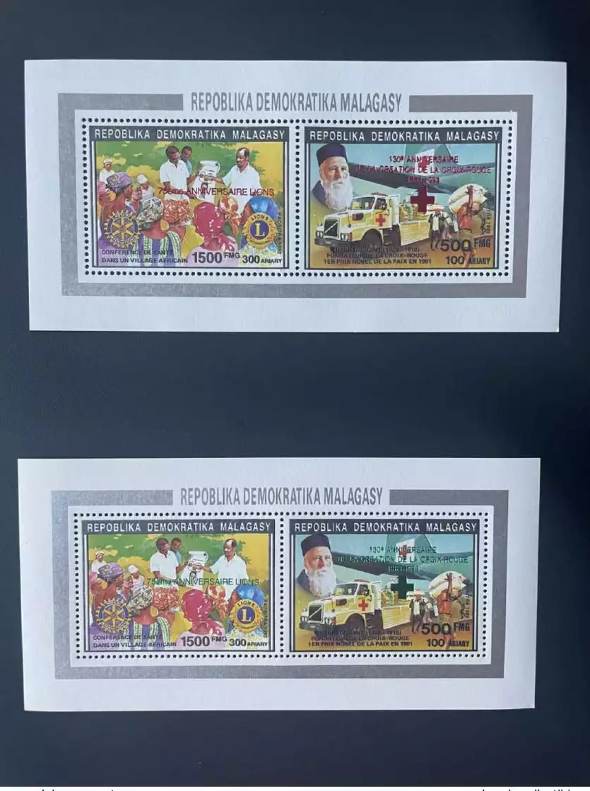 Madagascar 1993 Mi. Bl.? Red Green Henri Dunant Cross Lions Rotary