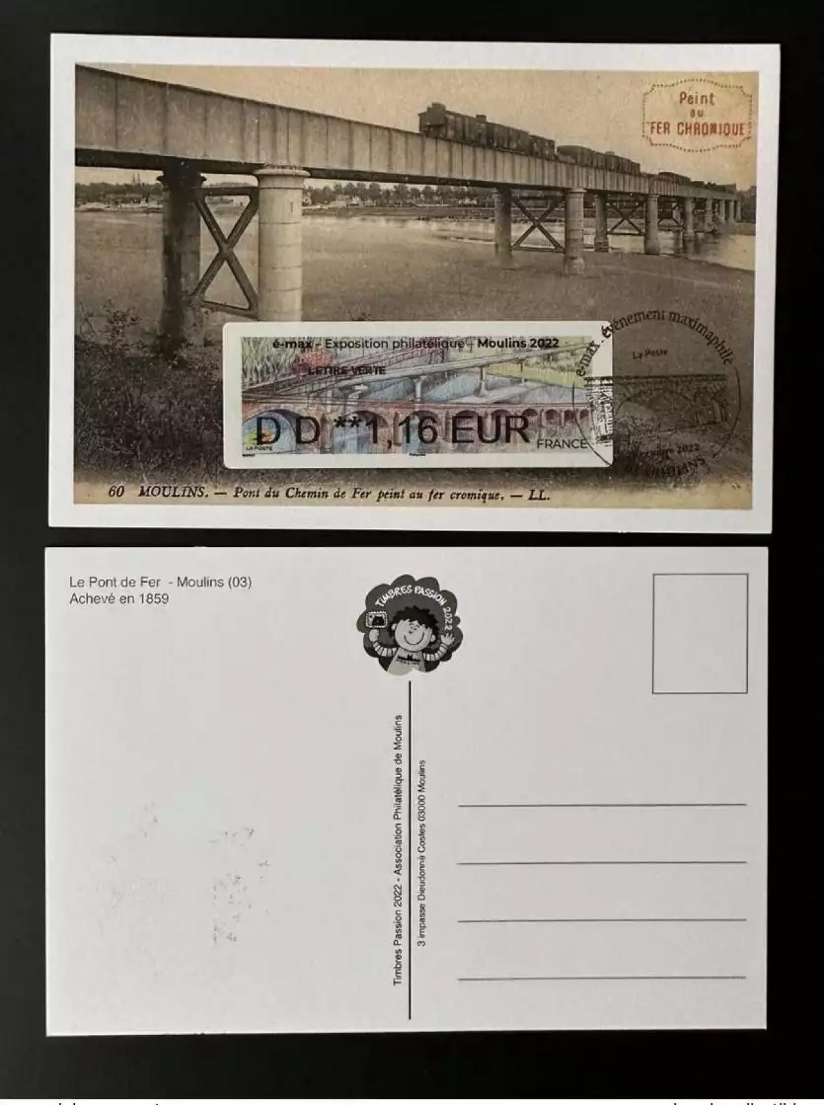 France 2022 ATM Lisa Maxi Carte Moulins Allier Salon Timbres Passions Train Pont