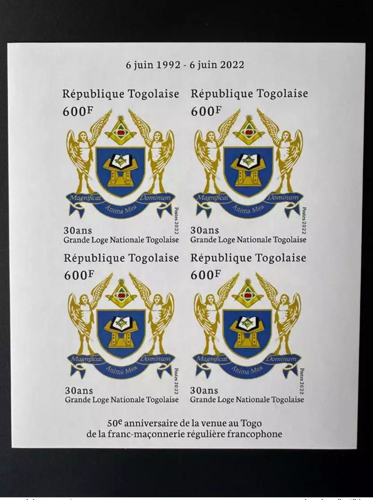 Togo 2022 M/S IMPERF Mi.? 50 years Grand Lodge Regular Freemasons