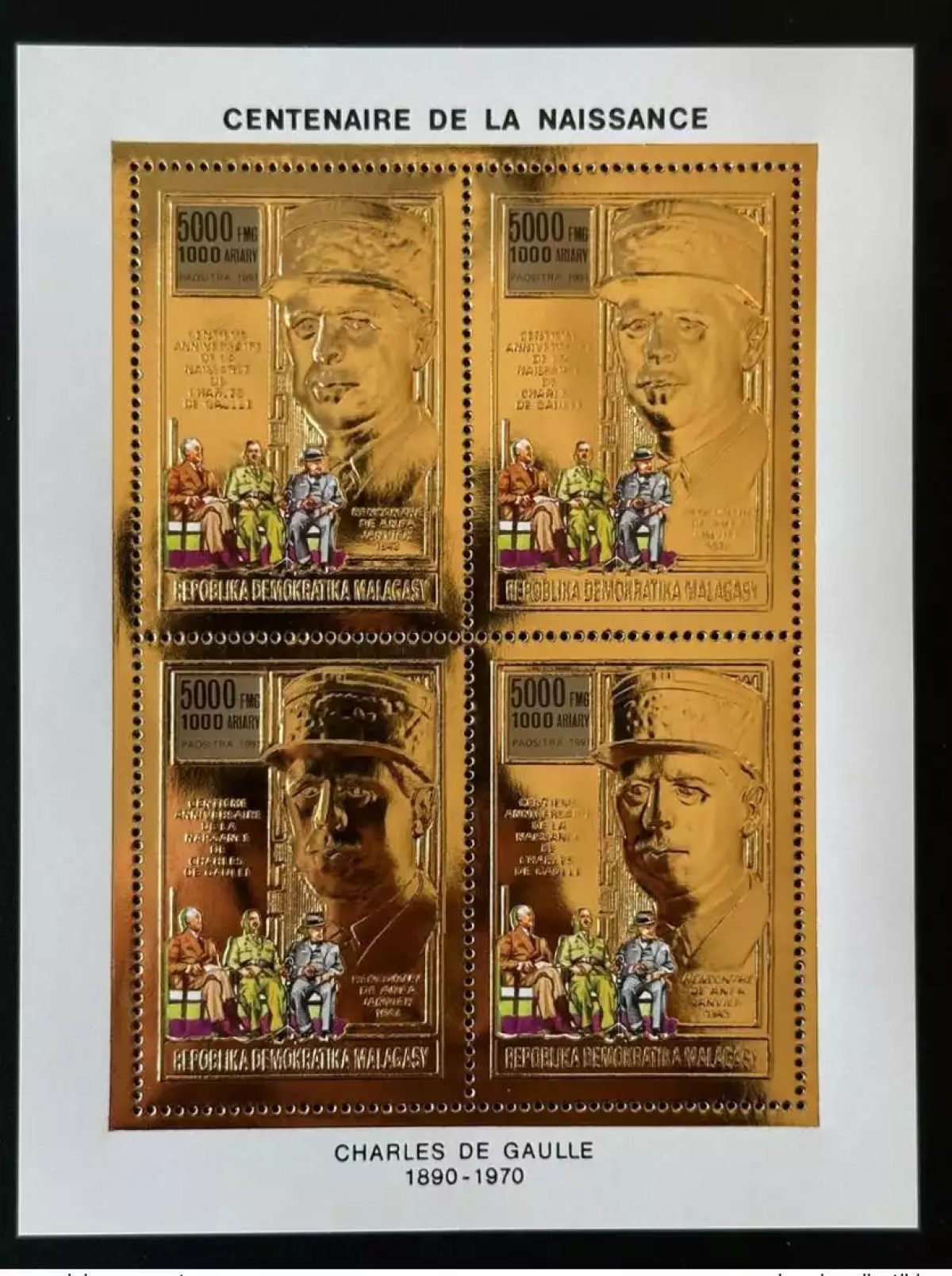 Madagaskar 1990 Mi. 1298A Klb General Charles De Gaulle 100 Jahre Gold