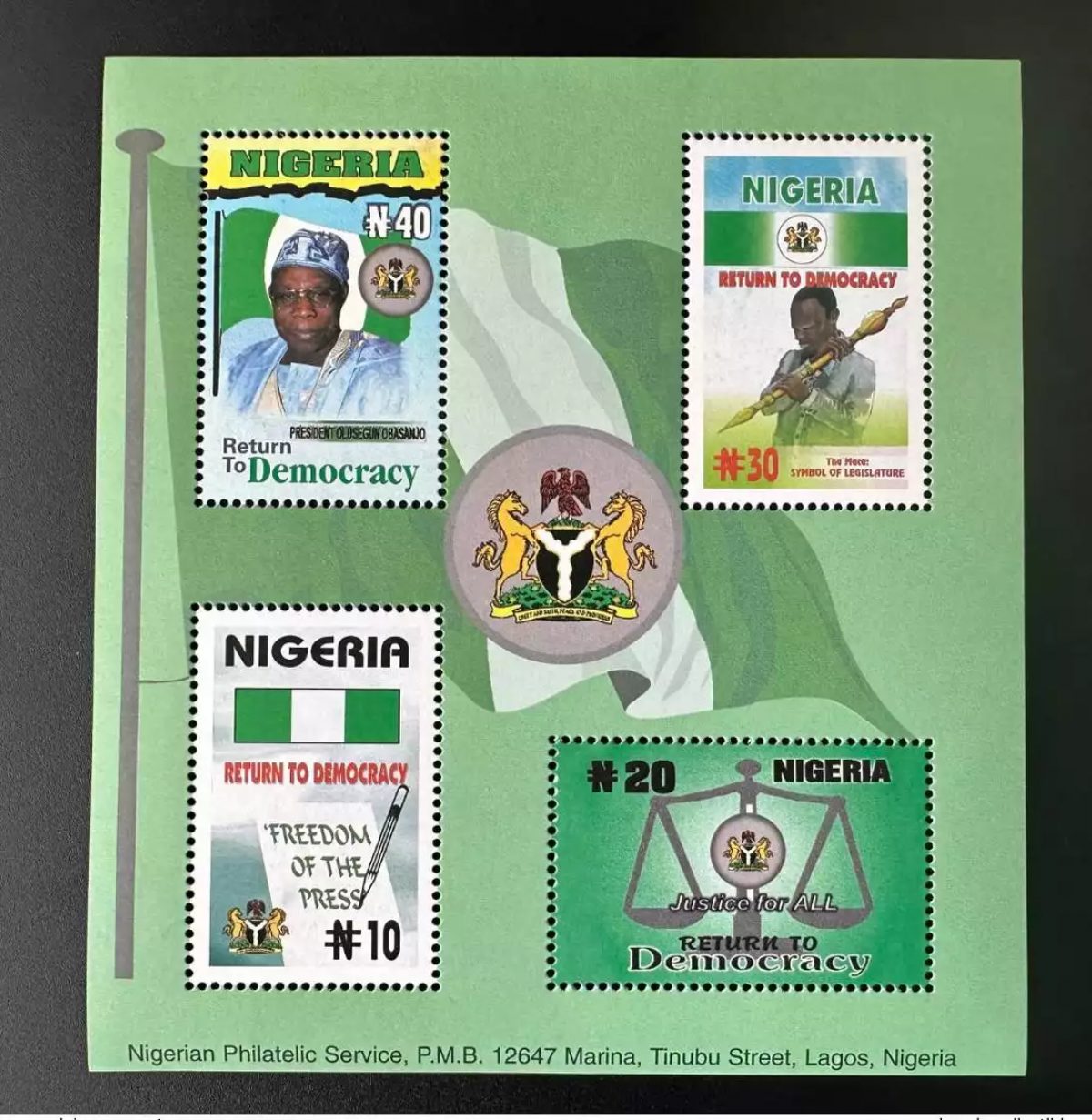 Nigeria 2000 Mi. Bl. 23 Return Democracy Olosegun Obasanjo Justice