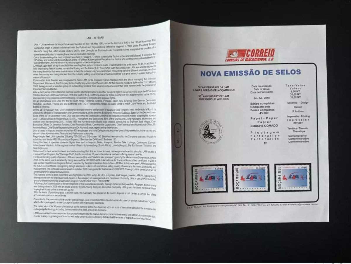 Mozambique 2010 Mi. 3856 - 3858 RARE FOLDER LAM Linhas Aereas Airline Bird