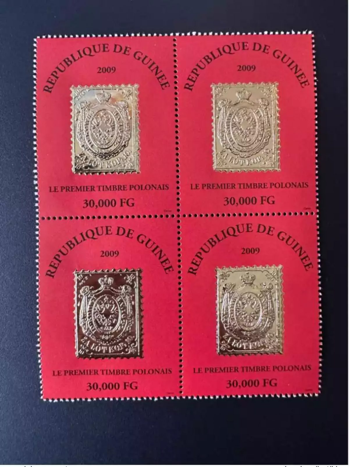 Guinée 2009 Mi. 6489 Bloc de 4 Premier timbre Polonais  stamp on stamp Gold or