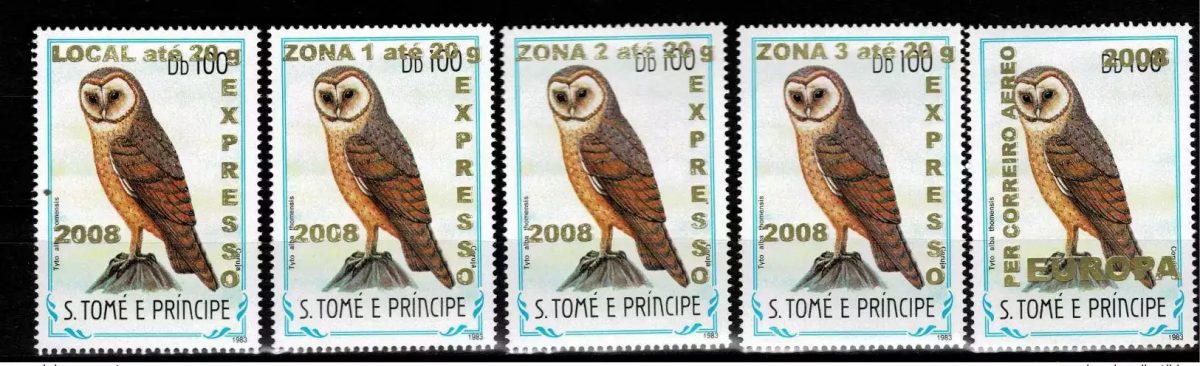 S. Tomé & Principe 2009 Mi. 3963-3968 Vögel Eule Fauna Aufdruck 5M.