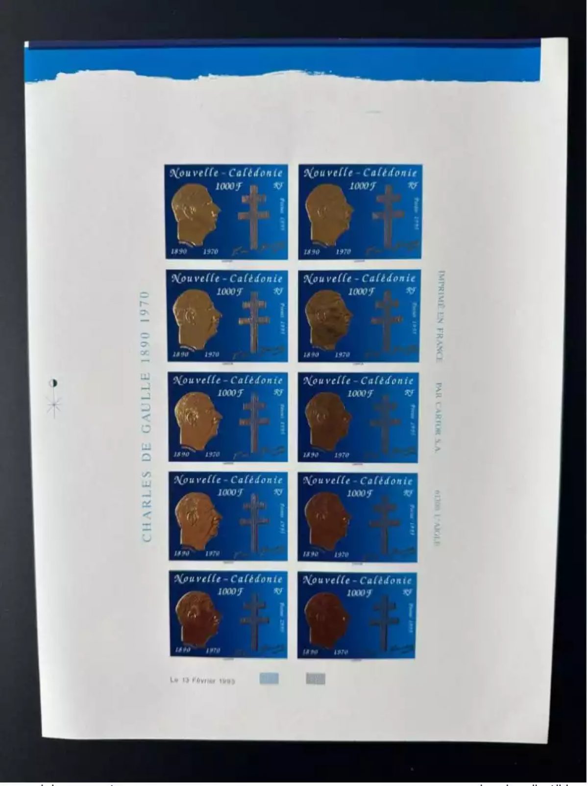 New Caledonia 1995 YT n°682 Sheet IMPERF uncut Mort Général de Gaulle