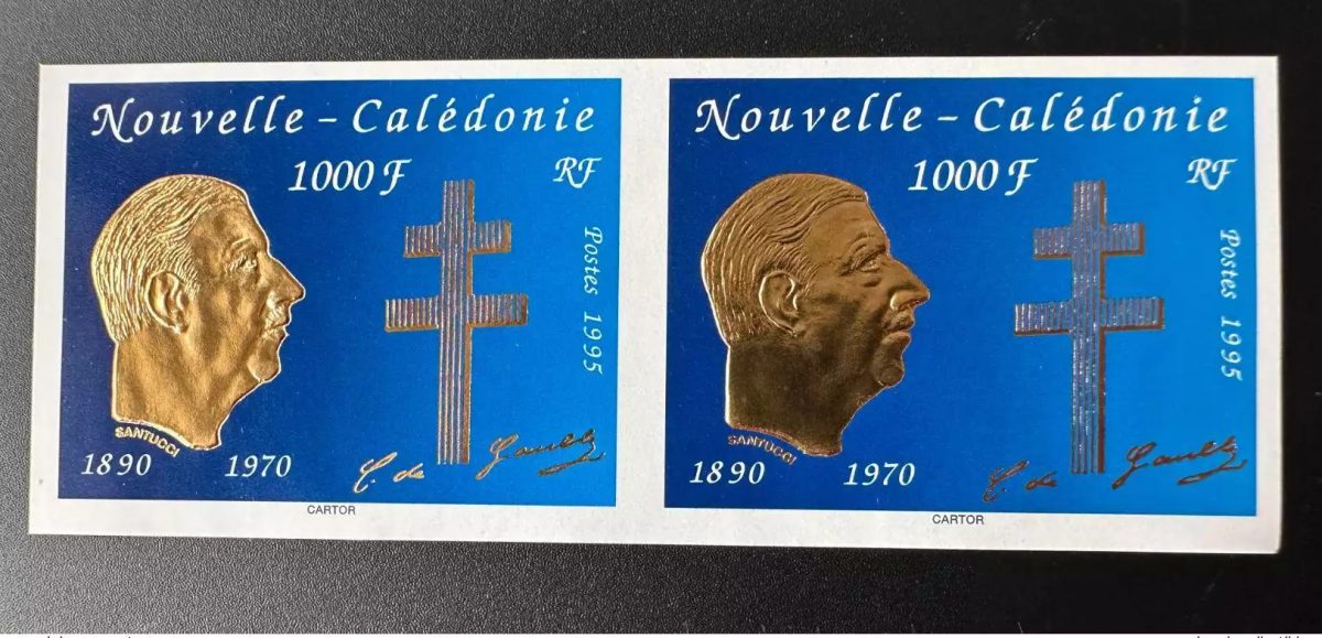 New Caledonia 1995 YT No. 682 IMPERF horizontal pair Death General Gaulle Doré