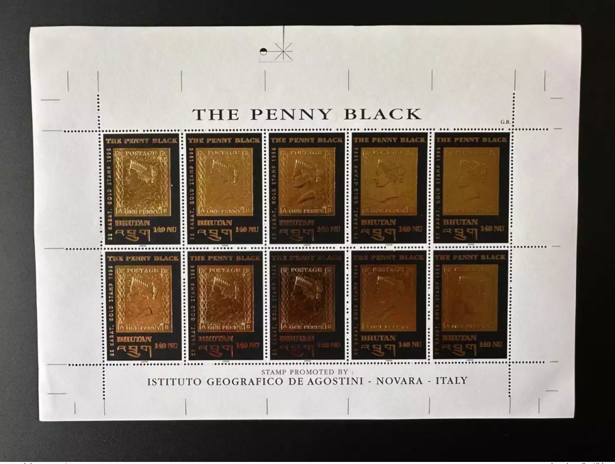 Bhutan 1996 Mi. 1632 UNCUT PRINTER Sheet Penny Black 22 Karat First stamp or
