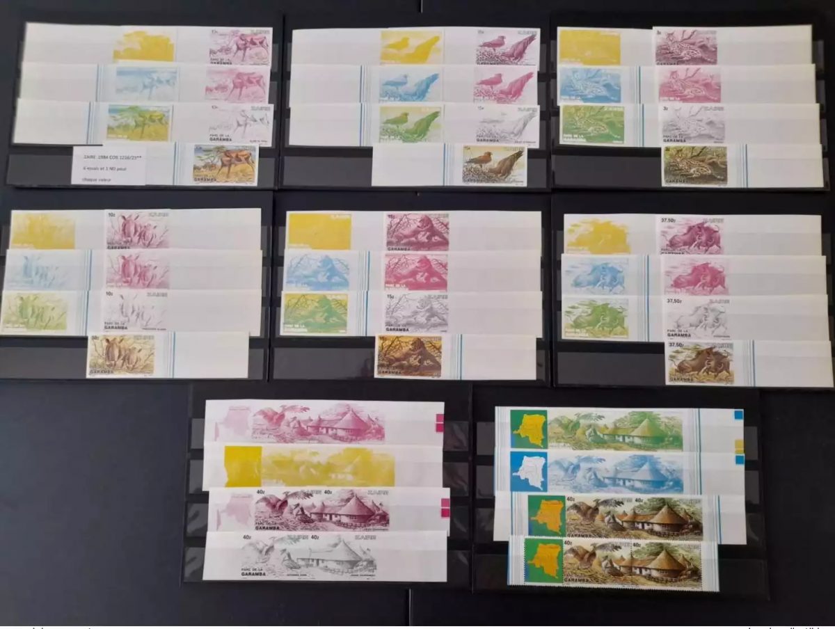 Congo Zaire 1984 COB 1216 - 1223 color tests IMPERF Park Garamba Wildlife Birds