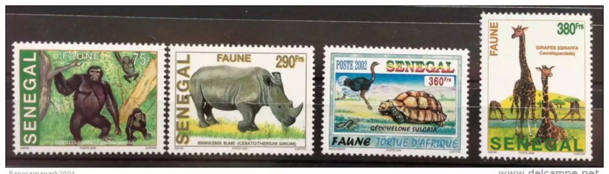 Sénégal 2002 Faune Gorille Rhinoceros Autruche Tortue Girafe 4 val. RARE MNH
