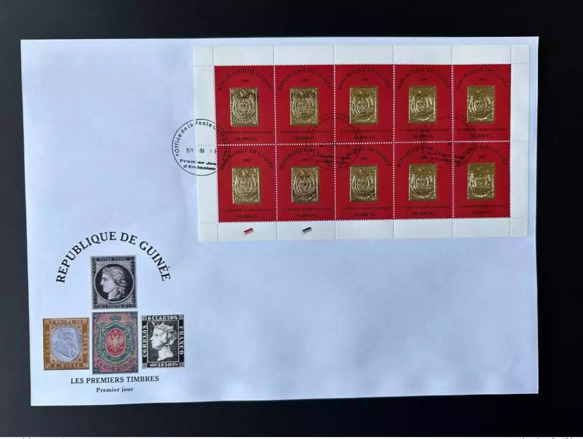 Guinée 2009 Mi. 6489 FDC feuillet Premier timbre Polonais GOLD OR