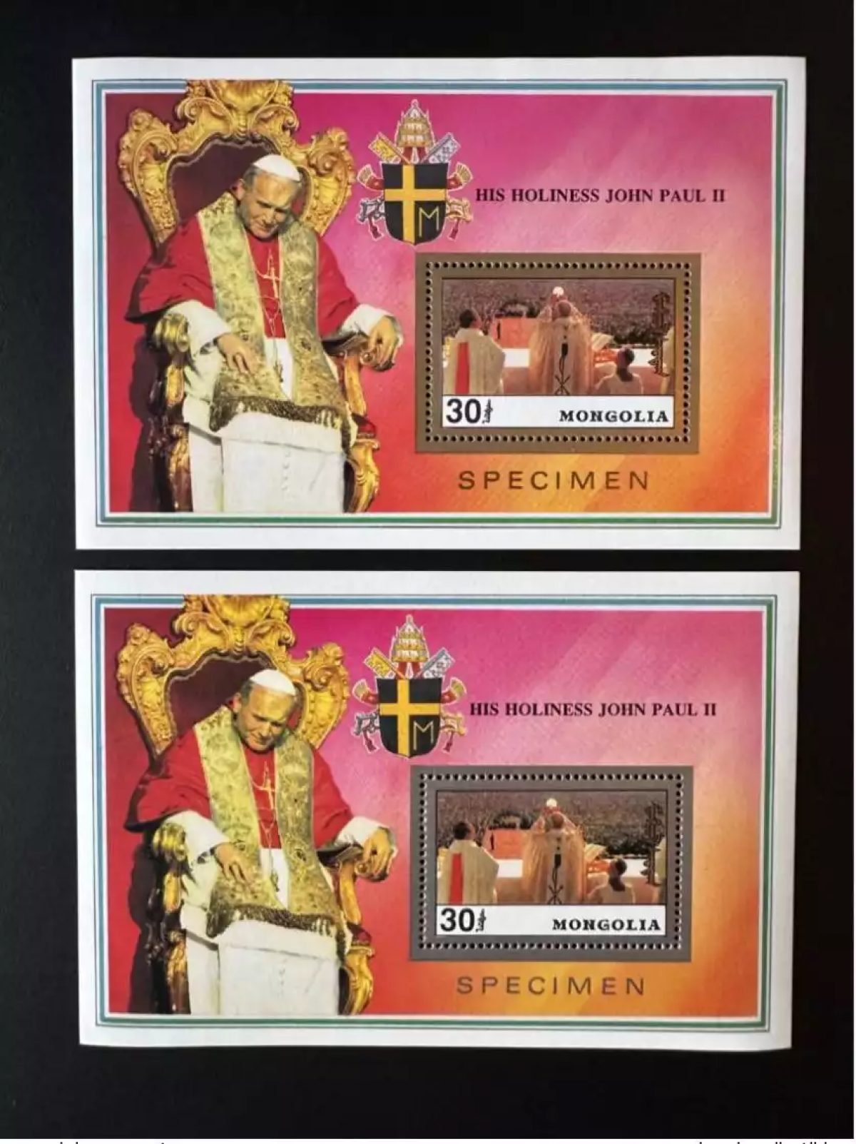 Mongolia 1992 Mi. Bl. 195 a / b SPECIMEN Silver & Gold Pape Jean-Paul II Pope