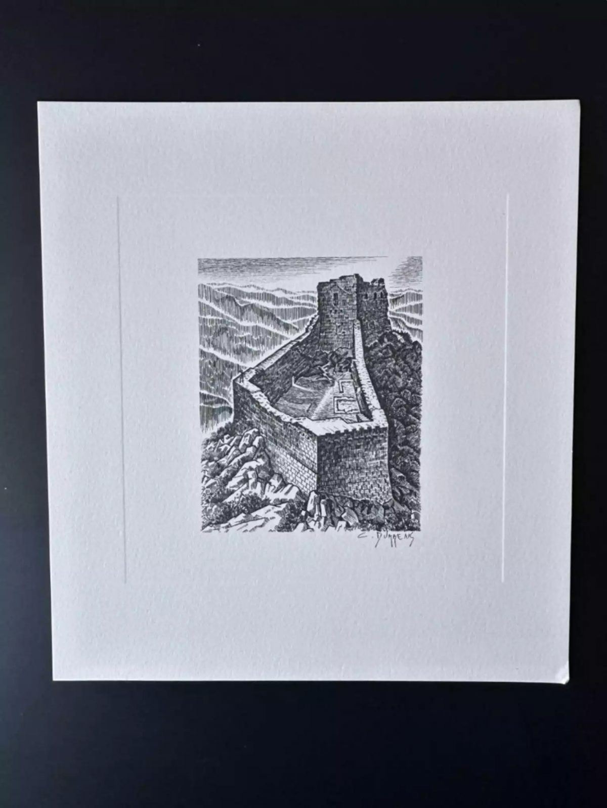France 1984 Gravure taille-douce Epreuve Claude Durrens Château de Montségur