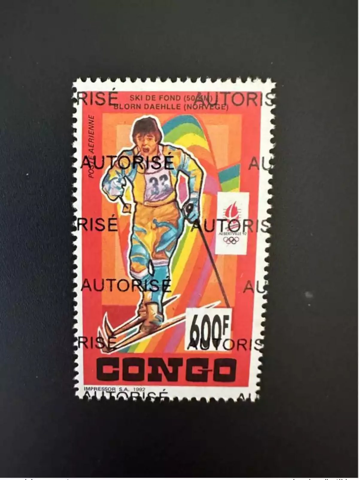 Congo 1998 Mi. 1553 surchargé AUTORISE Jeux olympiques Hiver Albertville Ski