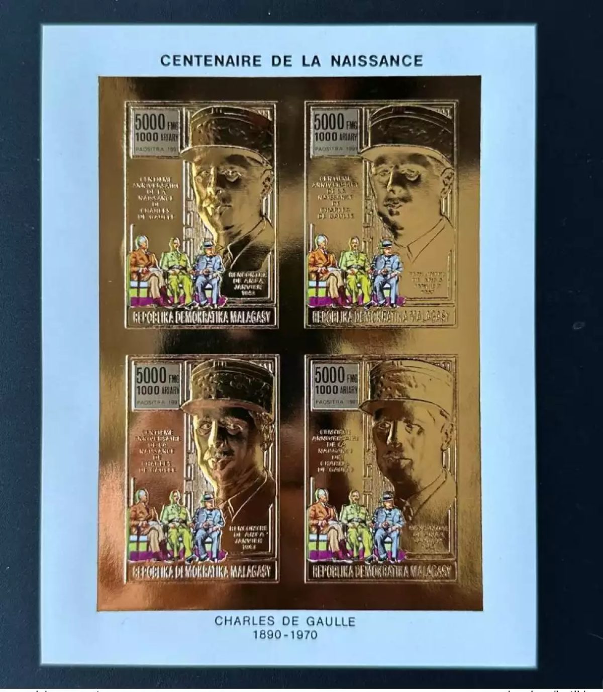 Madagascar 1990 Mi. 1298B ND IMPERF Feuillet Général Charles de Gaulle Gold Or