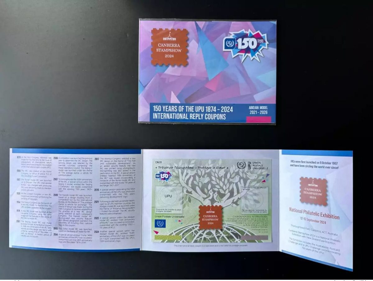 Spécimen folder Canberra Stamp Show 2024 UPU Abidjan 150 ans Coupon IRC 300 ex
