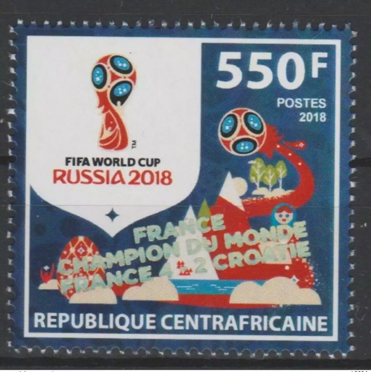 Zentralafrika 2018 Aufdr. (IV) FRANCE CHAMPION FIFA WM Russland Fußball