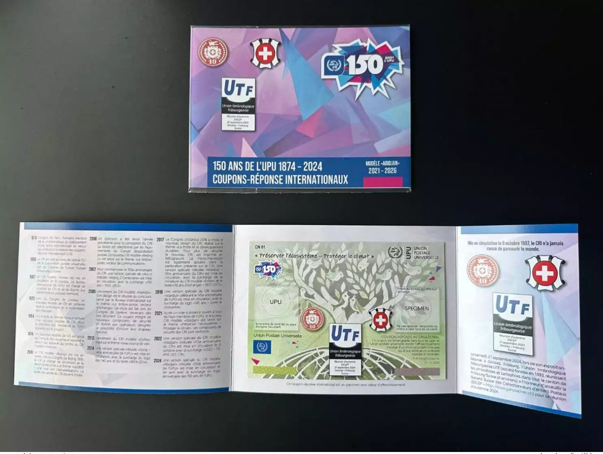 Spécimen folder Union Timbrologique Fribourgeoise UPU Abidjan 150 ans Coupon IRC