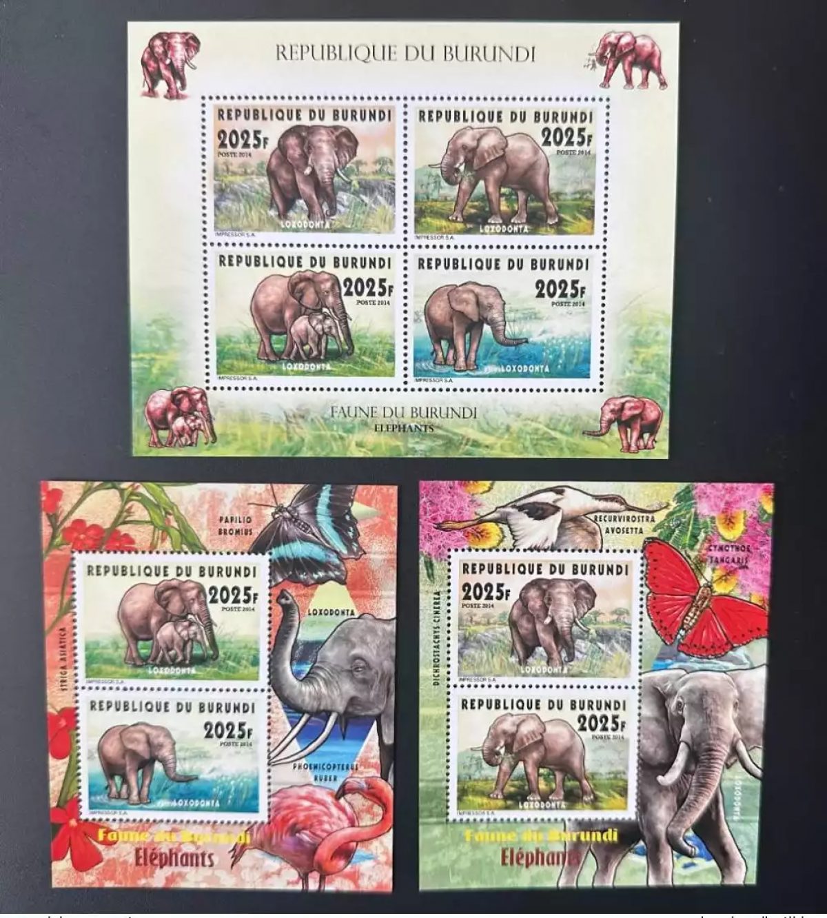 Burundi 2014 Mi. 3397 - 3400 Bl. 437 438 Elephants Flamingo Butterfly wildlife