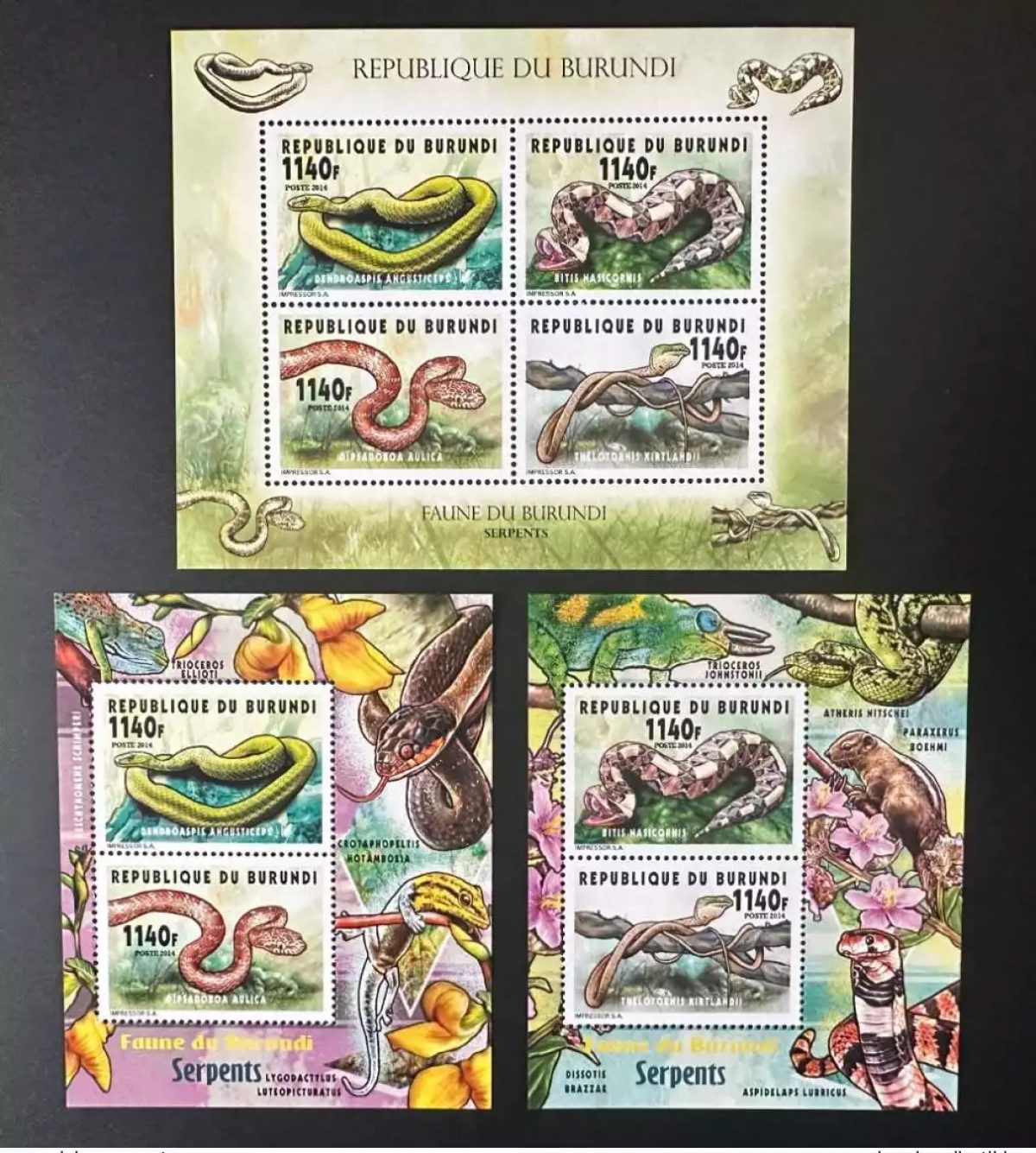 Burundi 2014 Mi. 3382-3385 Bl. 432-434 Schlangen Fauna