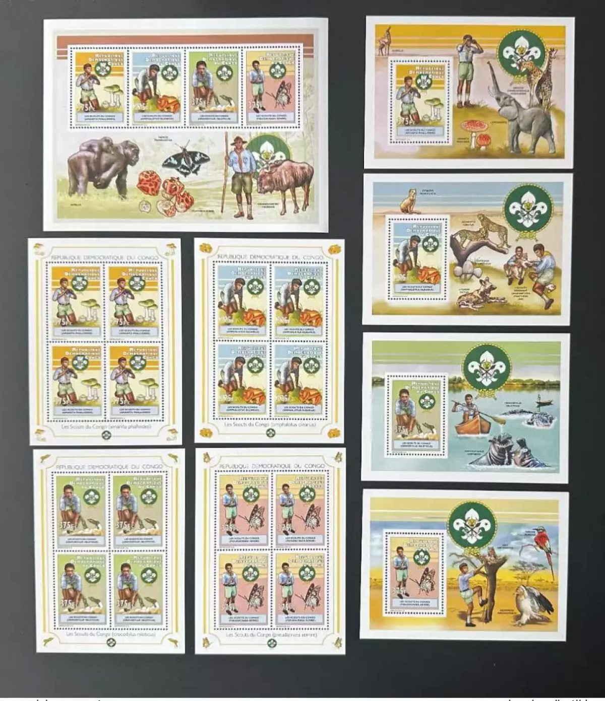 Congo 2012 Mi. 2072 - 2075 Bl. 414 - 417 Scoutisme faune Champignons Papillon