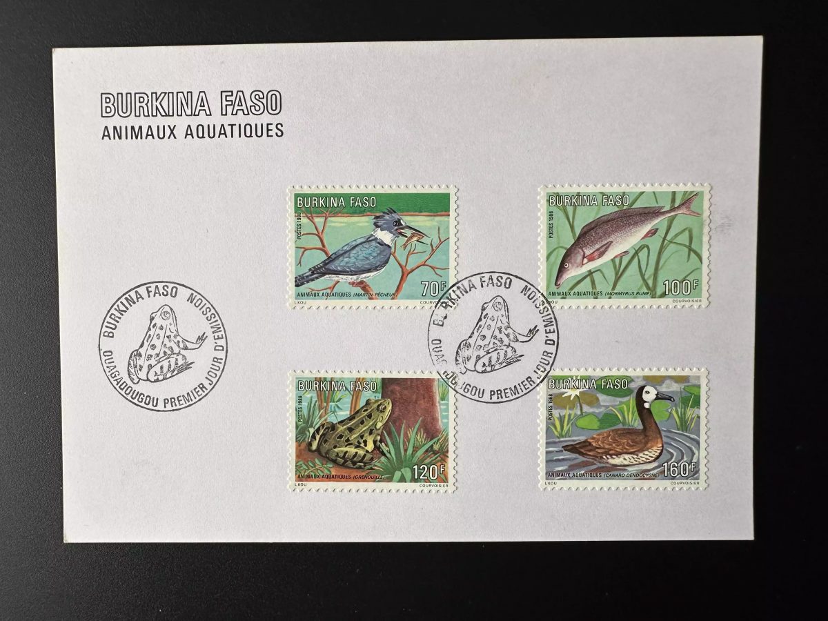 Burkina Faso 1989 Mi. 1186 - 1189 FDC map Animals bird fish frog