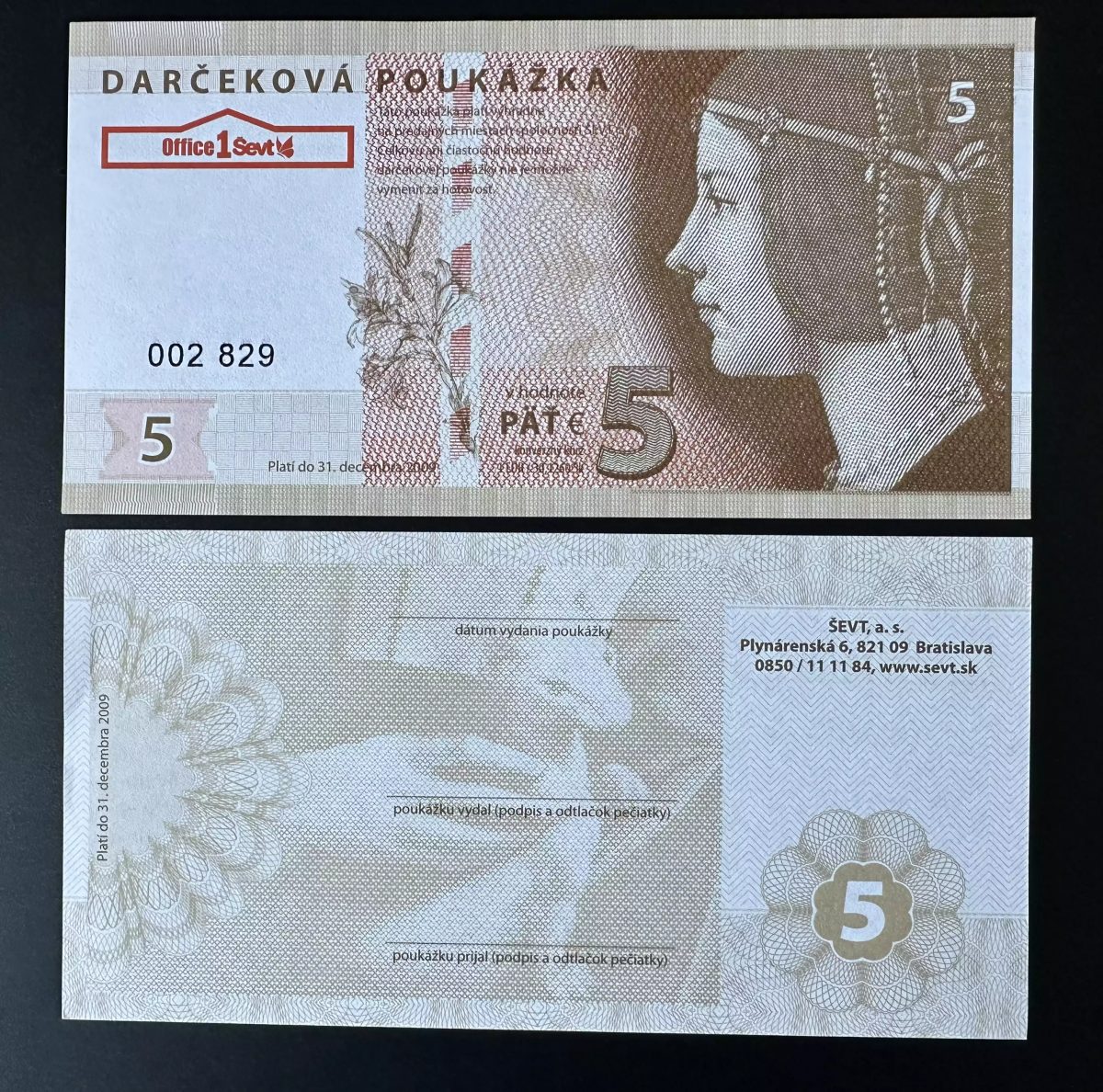 2009 Matej Gabris SEVT Darcekova poukazka 5€ UNC SPECIMEN ESSAY Tirage limité