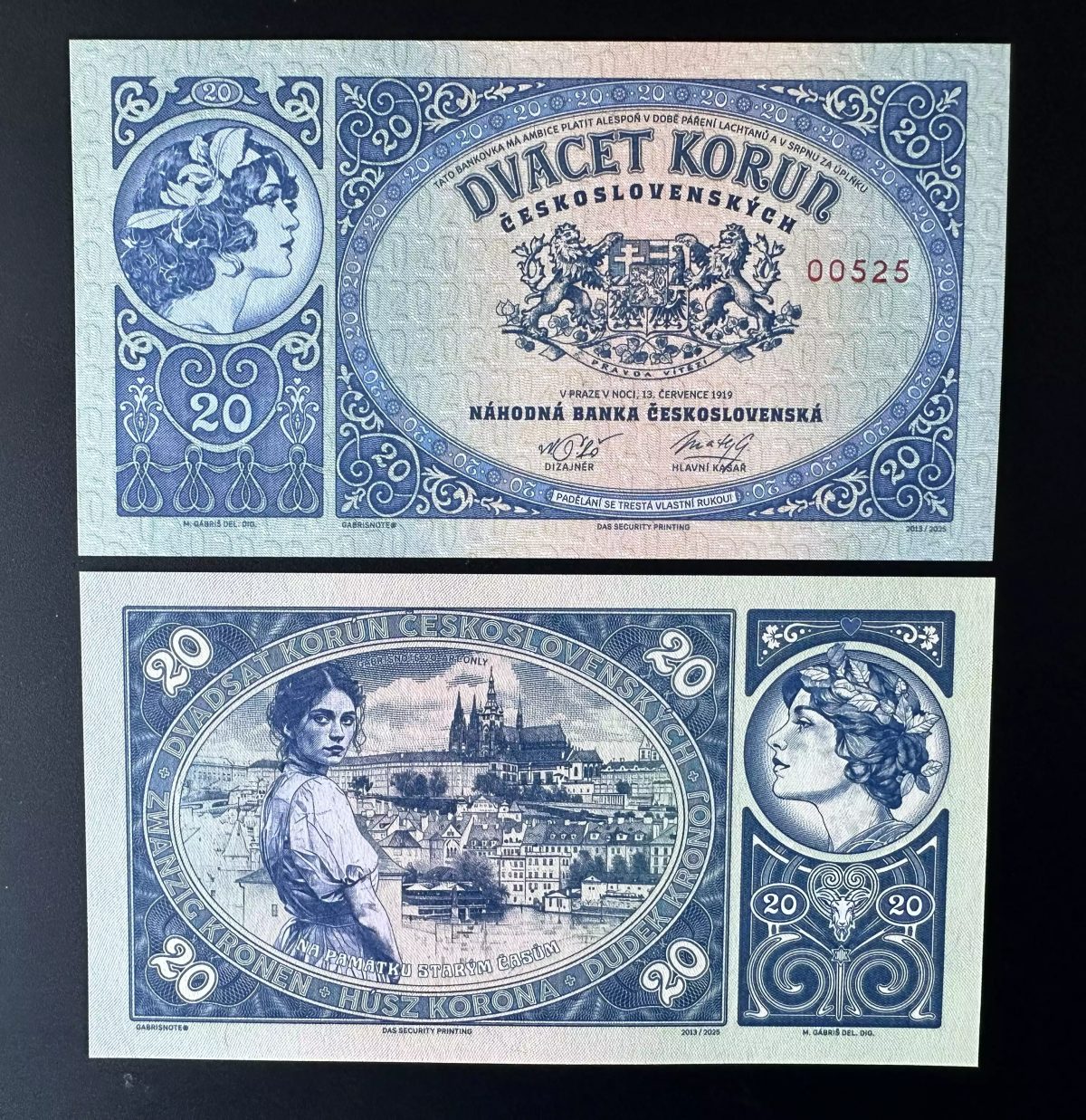 2025 Matej Gabris 20 Korun Praha 1919 Nahodna Banka UNC SPECIMEN ESSAY